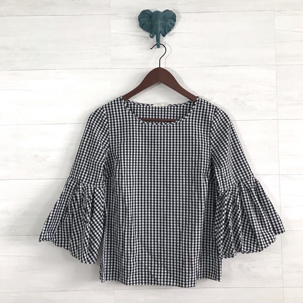 Jane & Delancey Gingham Check Bell Slv Blouse